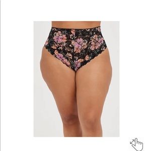 HIGH WAIST LATTICE BACK THONG PANTY - LACE FLORAL BLACK